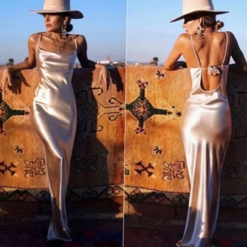 Rat & Boa Lumina Gold Maxi Slip Dress Champagne Maxi Minimalist wedding guest